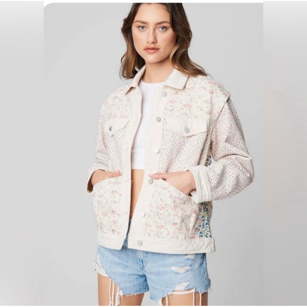 BlankNYC Patchwork Floral Trucker Denim Jacket Women's Sz Sm Cottagecore Boho